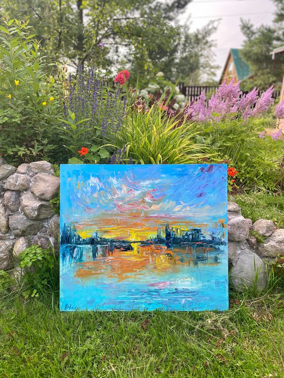 Sunset - Big city never sleeps, 70*80cm, impressionistic landscape oil painting in orange and turquoise