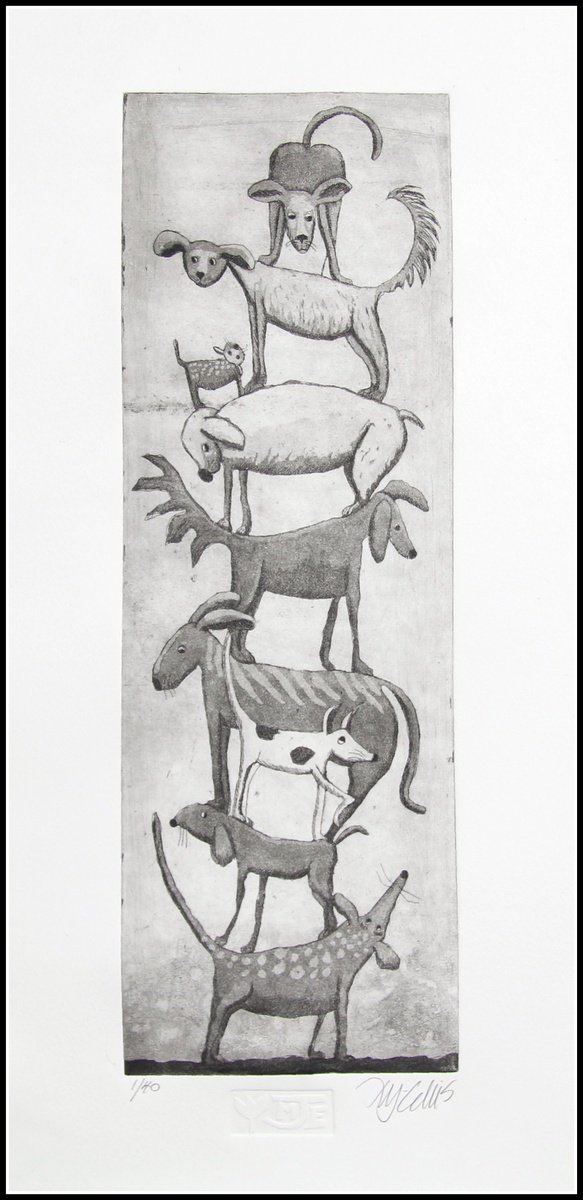 Illustrative Animal Etchings & Engravings By Mariann Johansen-Ellis, 10 X 19", A Stack Of Mongrels, Original Artwork