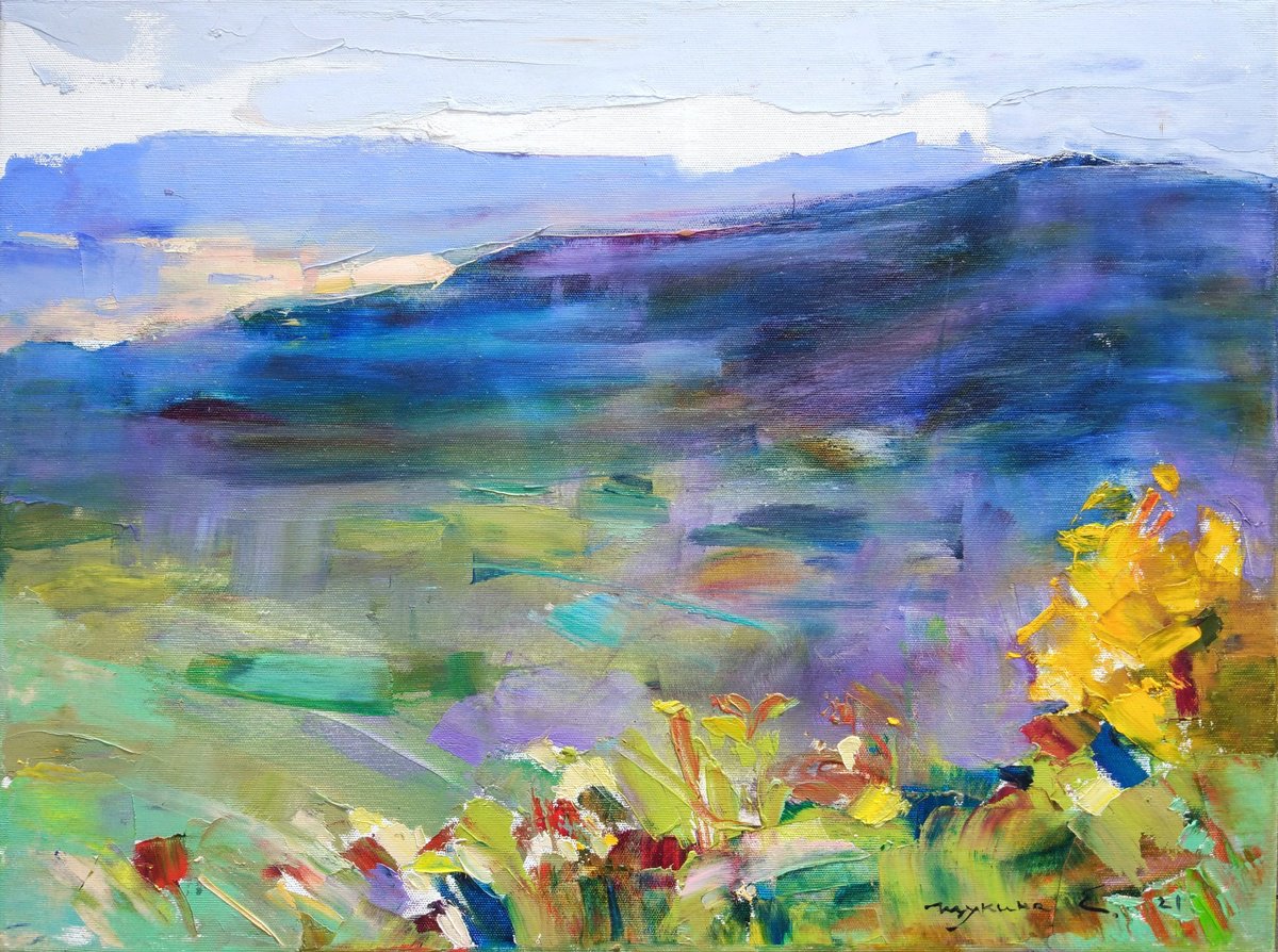 Fall landscape Mountains Ukrainian Carpathian. Original oil painting by Helen Shukina