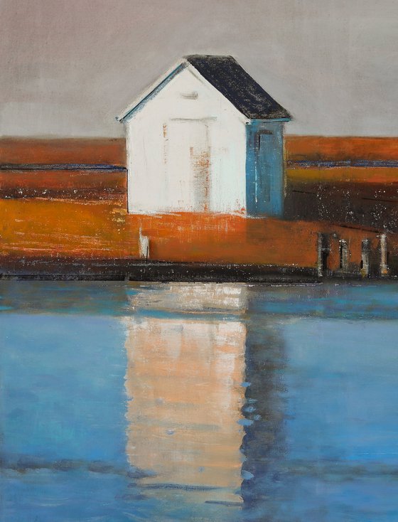 White Beach Hut Shed 30x30 inch 76x76 cm by Bo Kravchenko