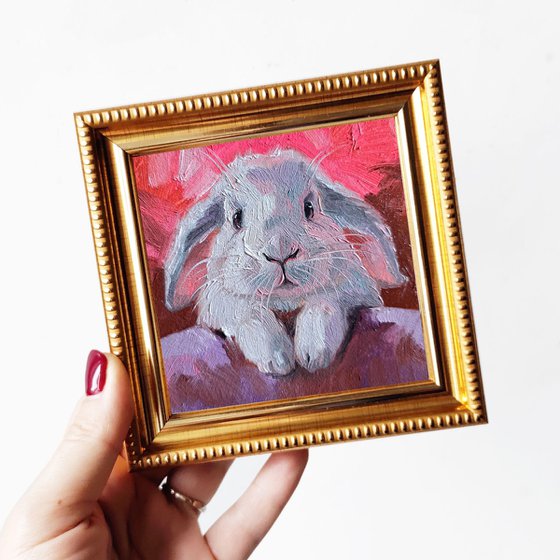 Rabbit painting original framed 4x4, Small painting hot pink cute rabbit artwork