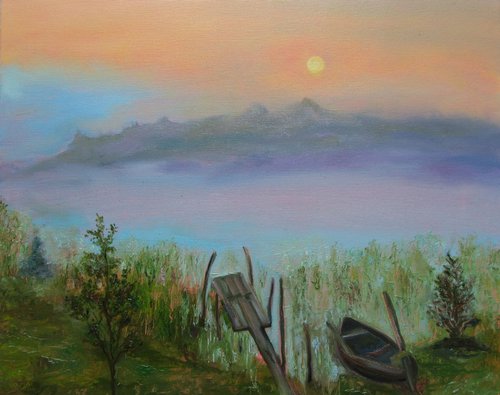 Sunset at the River - Original Oil Painting Impressionism Gift Idea of Countryside Twilight Wooden Boat Stillness Peace by Katia Ricci