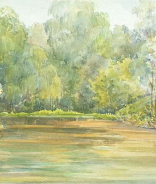 Near the pond. Start of a summer. Green watercolor landscape by Olha Malko