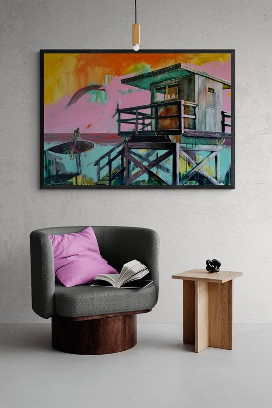 Big painting - "Surf in Miami Beach" - Bright painting - Pop Art - Urban - Surfing