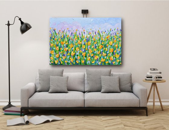 Yellow Flowers Meadow - Heavy Impasto Landscape Painting, Textured Knife Floral Art