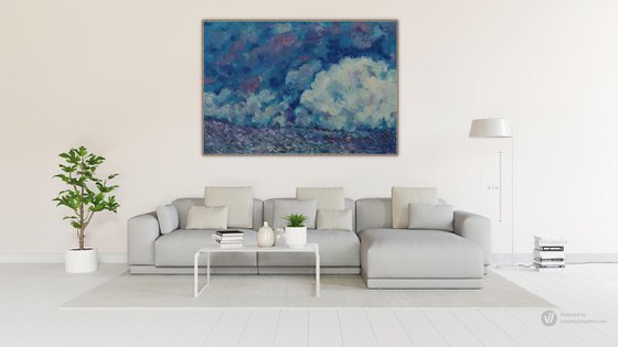 CLOUDS IN HIMALAYAS - large original impressionistic painting, blue sky landscape, skyscape cloudscape