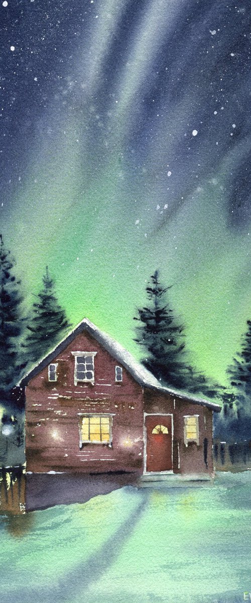 Somewhere at the end of the world. Winter northern landscape with northern lights. by Evgeniya Mokeeva