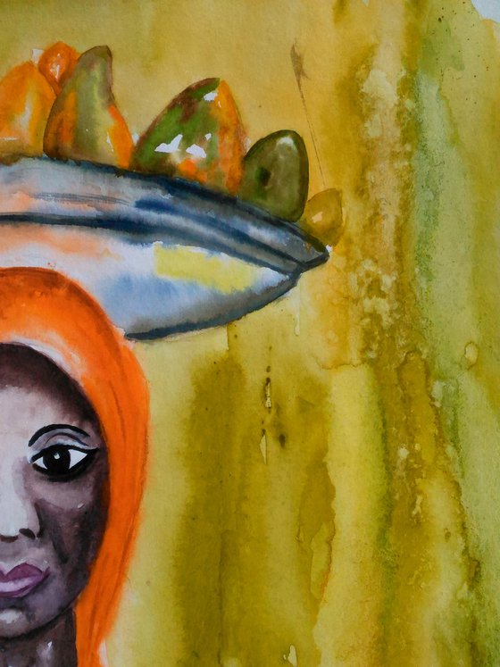 African Woman. Mango Seller. watercolor painting