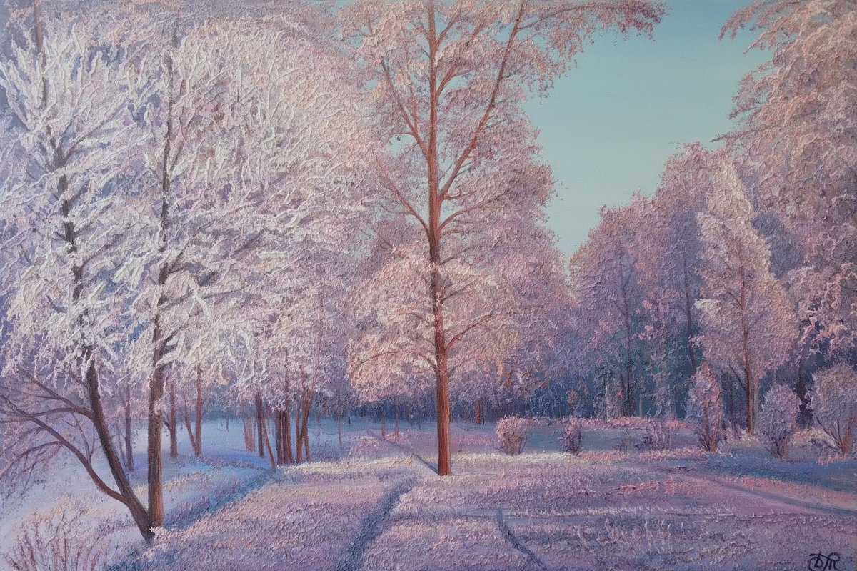 Photorealistic Landscape Oil Painting By Dmitrij Tikhov, 24 X 16, Winter Day, Original Artwork