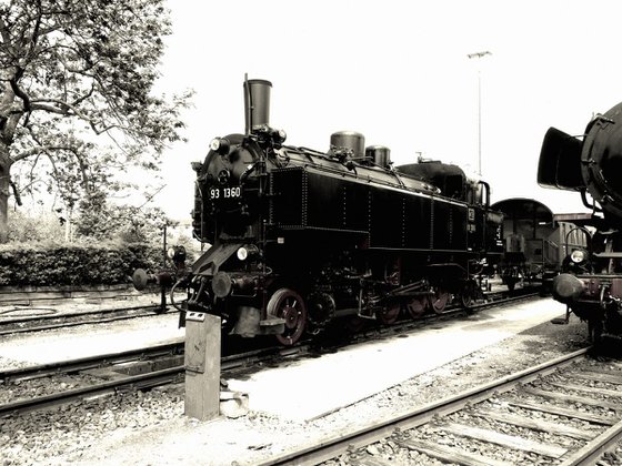 Old steam trains in the depot - print on canvas 60x80x4cm - 08372m2