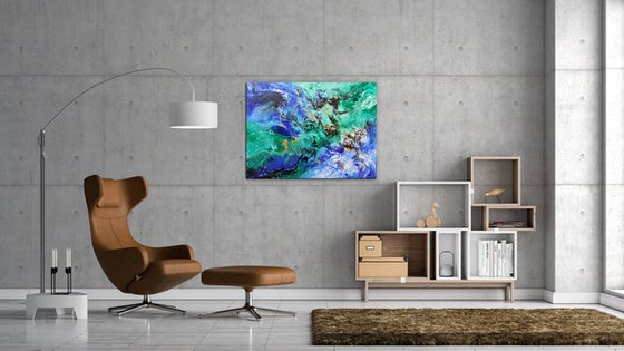 Modern abstract art blue green gold metallic painting, Summer vibes