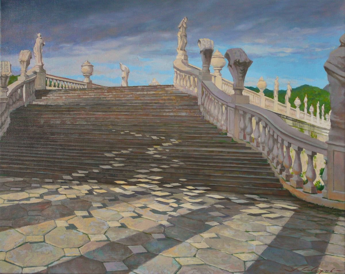 Photorealistic Landscape Oil Painting By Sergej Sologub, 41 X 33", Die Treppe, Original Artwork