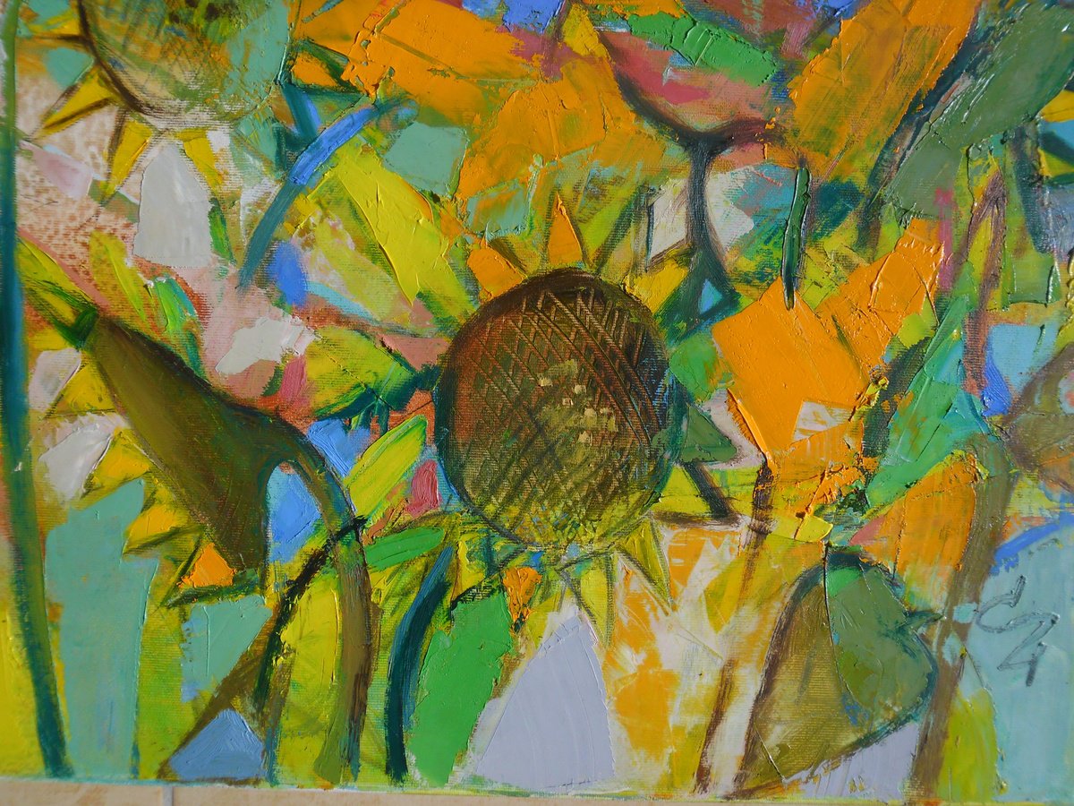 Expressive Botanical Oil Painting By Victoria Cozmolici, 24 X 24", Sun Flowers, Original Artwork