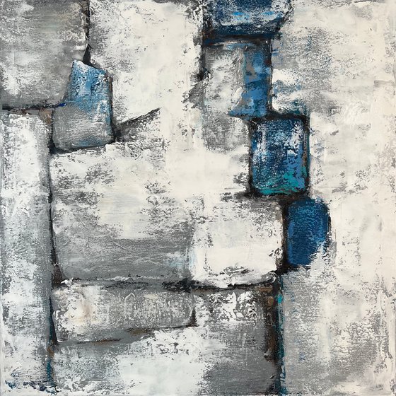 White and blue abstraction. White brick wall art.