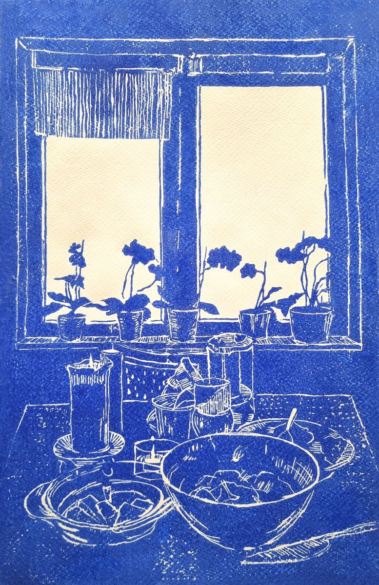 Illustrative Still Life Linocut By Zlatina Krusteva, 14 X 20", "Blue Morning", Original Artwork
