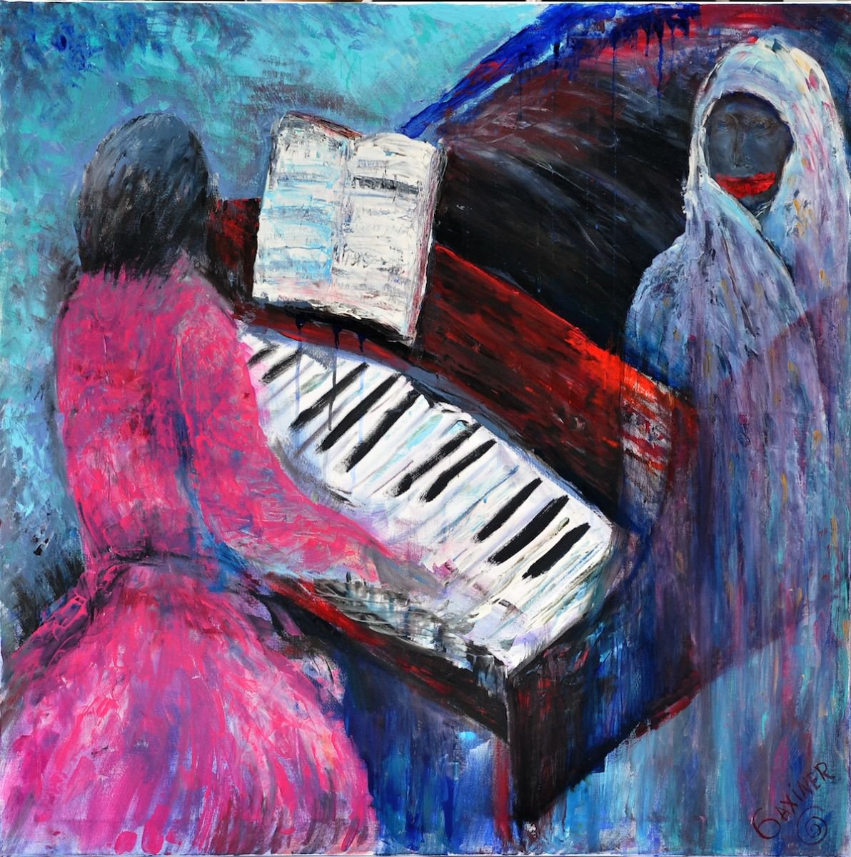 Impressionistic Portrait Oil Painting By Leo Baxiner, 39 X 39", The Pianist (Playing Liszt)., Original Artwork