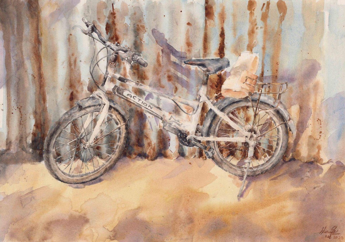 Transport Watercolour By Hua Le, 22 X 15, Bicycle, Original Artwork