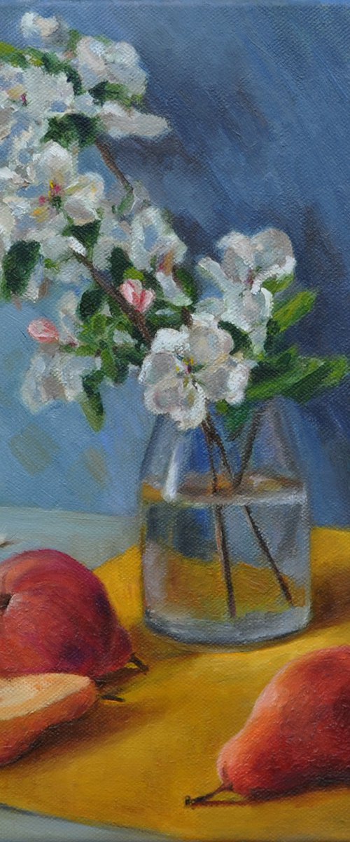 Spring flowers and pears original oil painting by Marina Petukhova