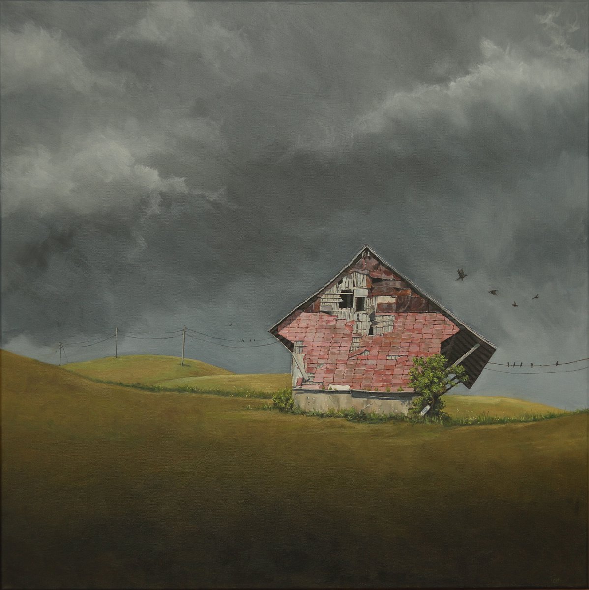 Landscape Oil Painting By Tom Clay, 31 X 31", Old And Weathered, Original Artwork