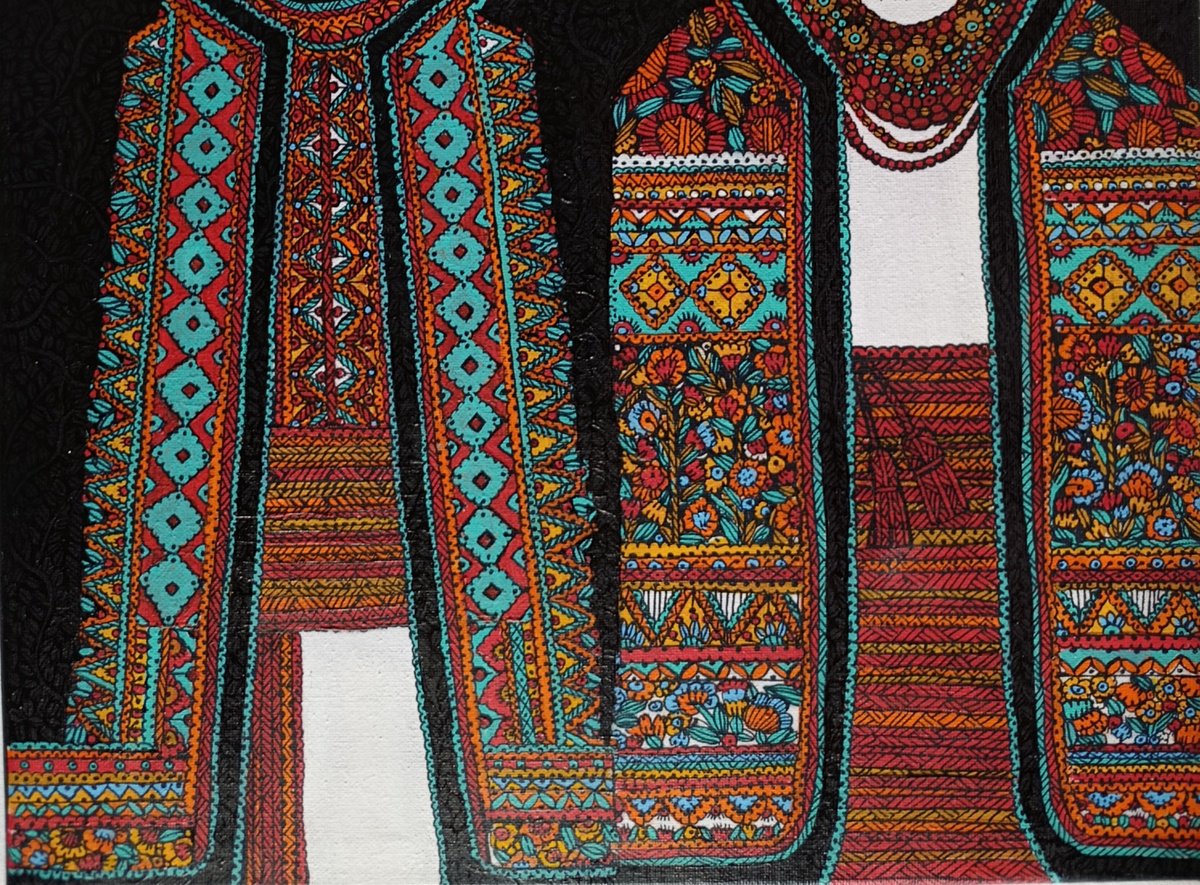 Naive Portrait Acrylic Painting By Tetiana Osadchuk, 16 X 12", Shoulder To Shoulder, Original Artwork