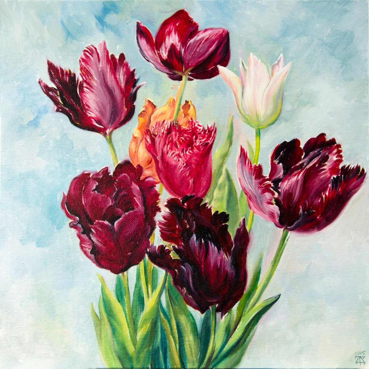 Photorealistic Still Life Oil Painting By Daria Galinski, 12 X 12, Tulips, Original Artwork