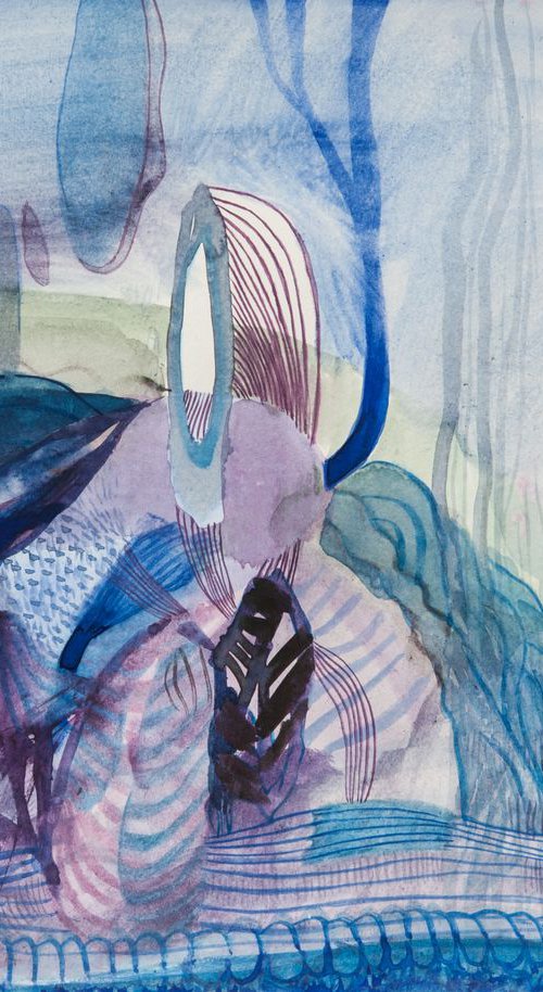 ACQUA BLUES II;  27H X 35 W X 0.1D cm 10.6H X 13.8W in; WATERCOLOR ON PAPER by Aleksandra Erdeljan