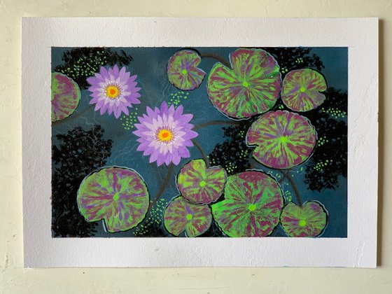 Purple water lilies pond  ! A4 Painting on paper