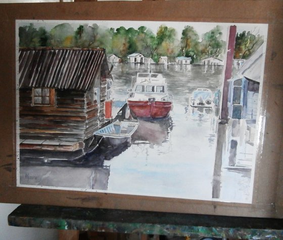 BOATS ON THE RIVER / 43 x 30.5 cm