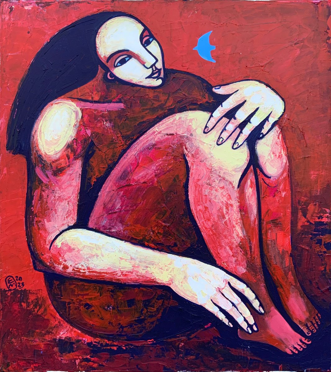 Naive Portrait Acrylic Painting By Elena Tomilova, 20 X 24, Blue Bird, Original Artwork