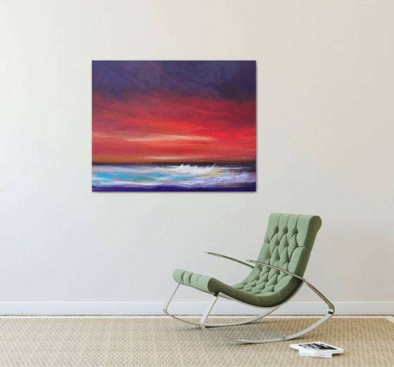 Day's End - Sunset, Seascape, Red, Skies - XL, Modern Art Office Decor Home