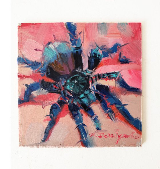 Lowbrow art painting spider, Spider artwork in frame, Spider Dark picture frame, Blue spider wall art