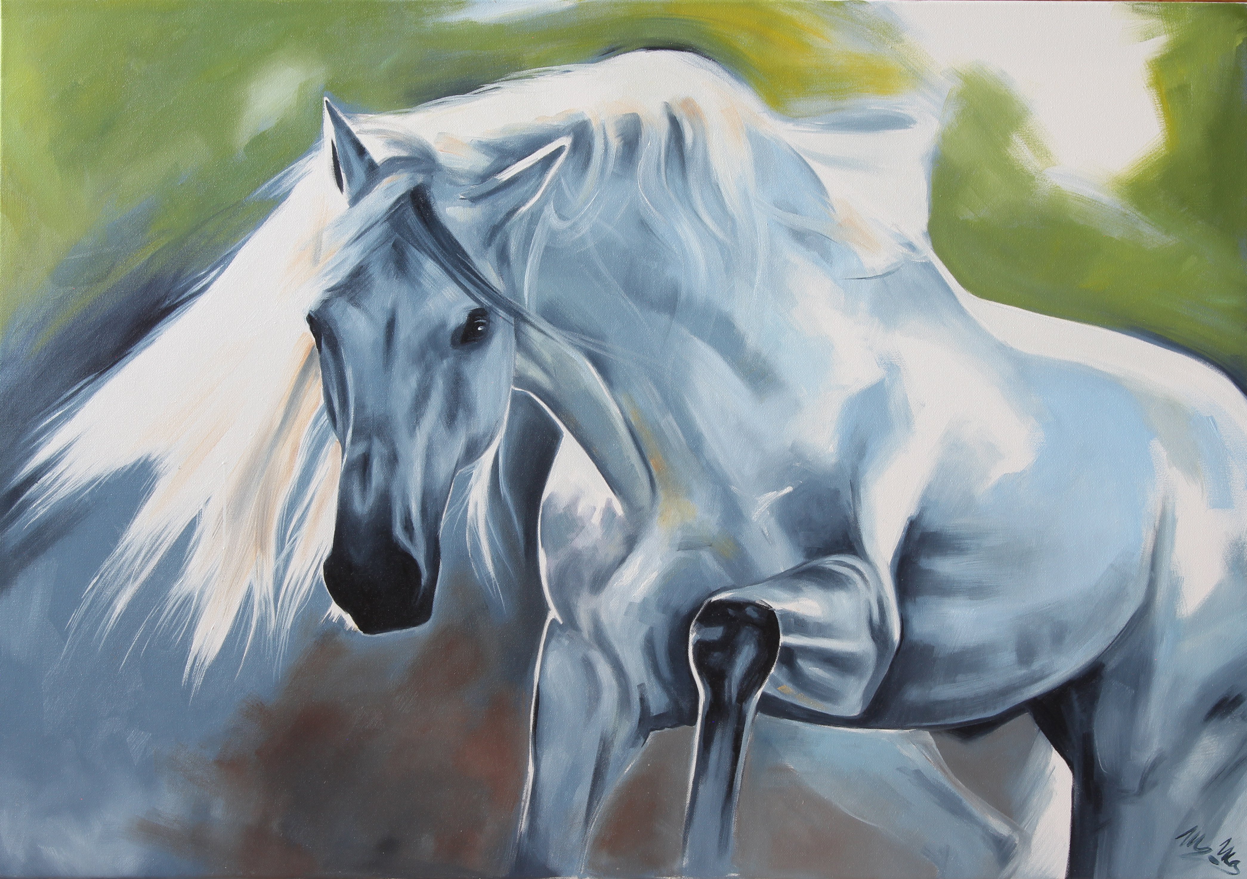 Expressive Animal Oil Painting By Marie Madej, 39 X 28", Ice Fresh Horse, Original Artwork