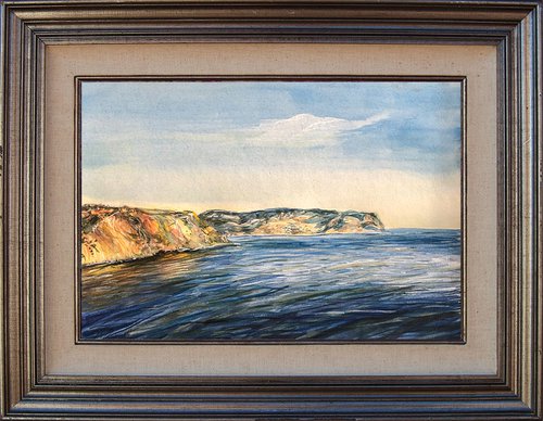 ROCKY COASTLINE, Original Fine Art Detailed Mini Seascape Horizontal Watercolor Painting by Nastia Fortune