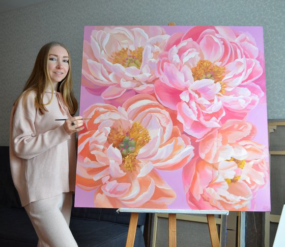 Pink Peonies large bloom 100x100 cm oil painting Peony flower Living room bedroom art
