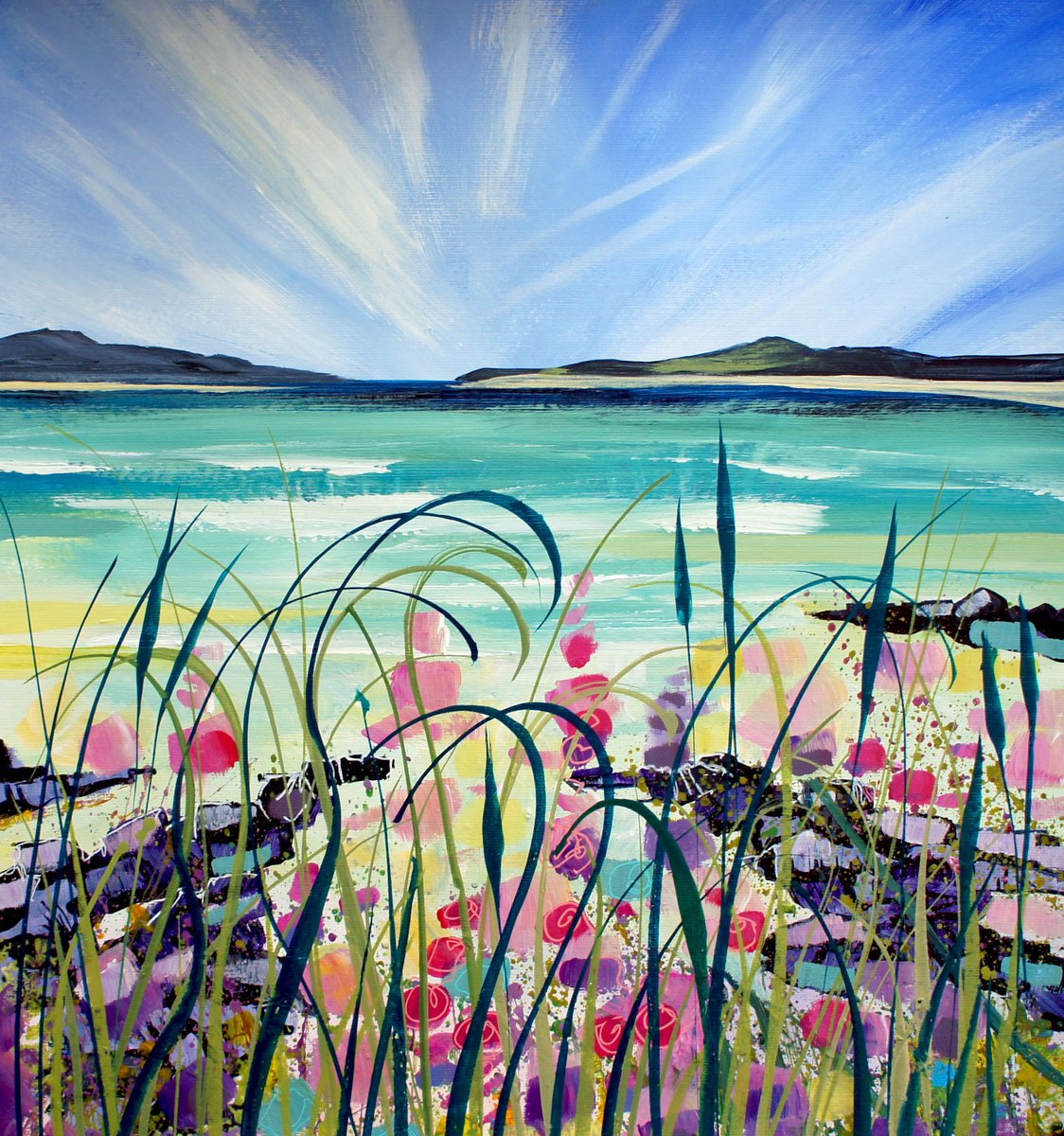 Impressionistic Landscape Acrylic Painting By Julia Rigby, 17 X 17", Blue Bay, Original Artwork