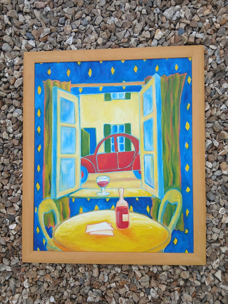 Naive Oil Painting , 2Cv Through A Window By Andrew Clayton, 20 X 24, Artwork For Sale On Artfinder