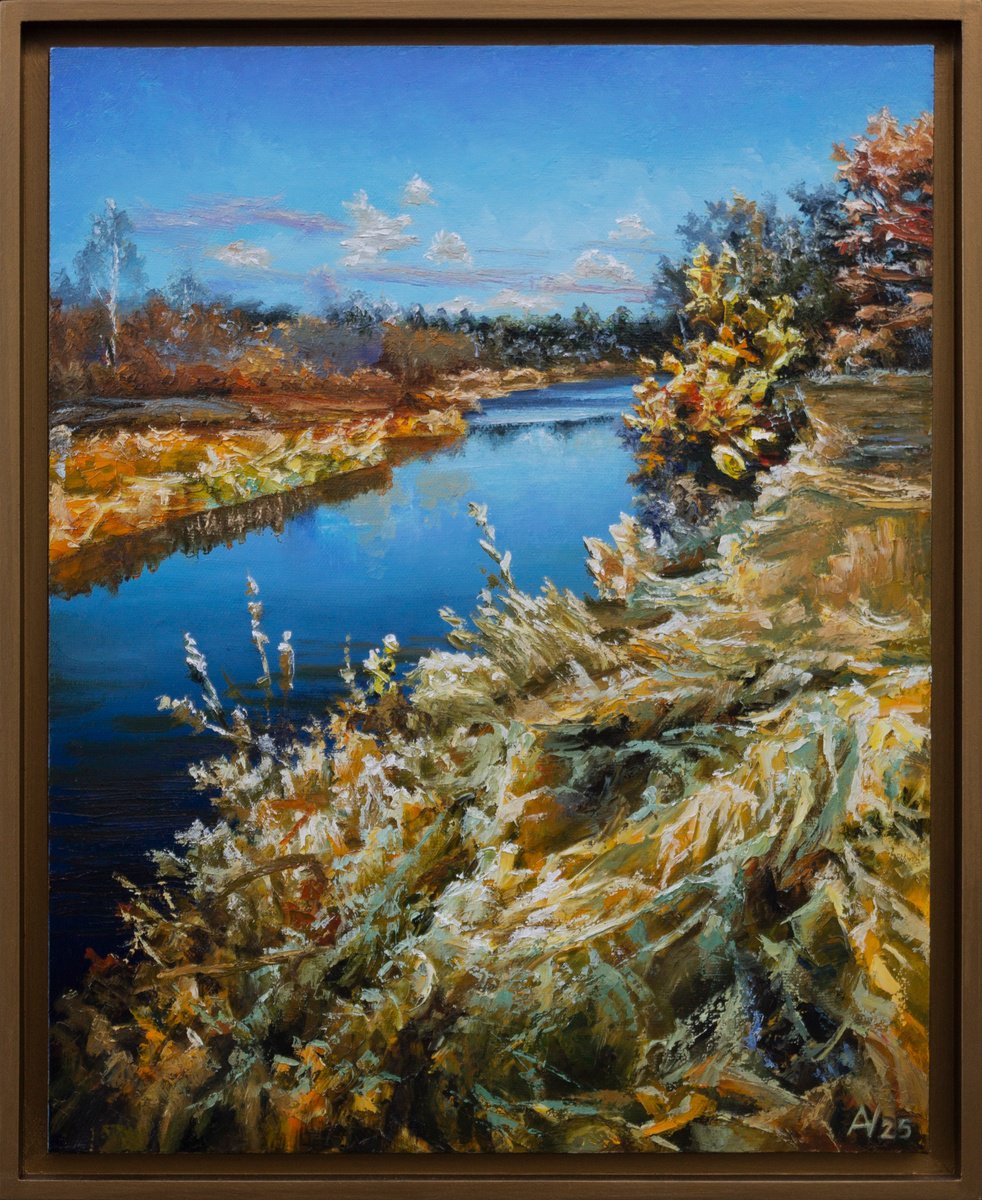 Impressionistic Landscape Oil Painting By Oleksii Vylusk, 17 X 21", Autumn River, Original Artwork