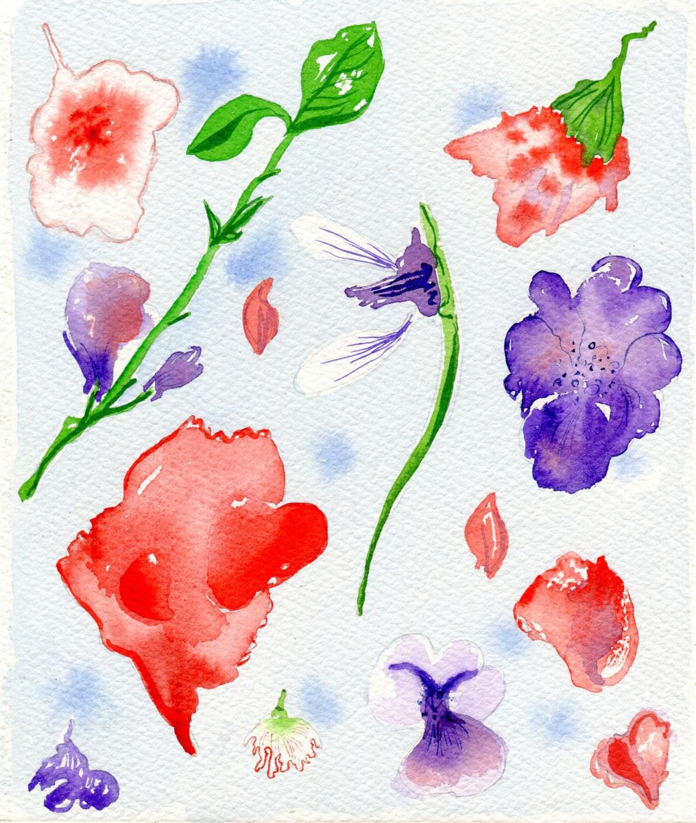 Original Framed Watercolour Painting of Red and Purple Floral Study by Hannah Clark