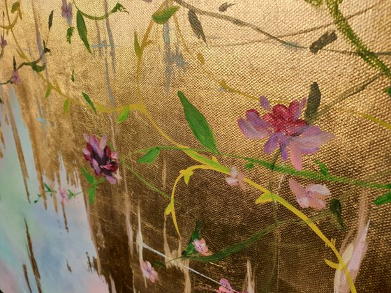 After dreams come true 80x60cm Large Contemporary Artwork with Gold Leaf and Flowers