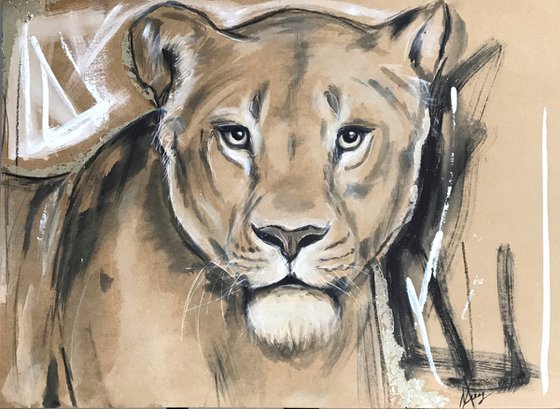 Modern art Lioness mix media 39x54cm