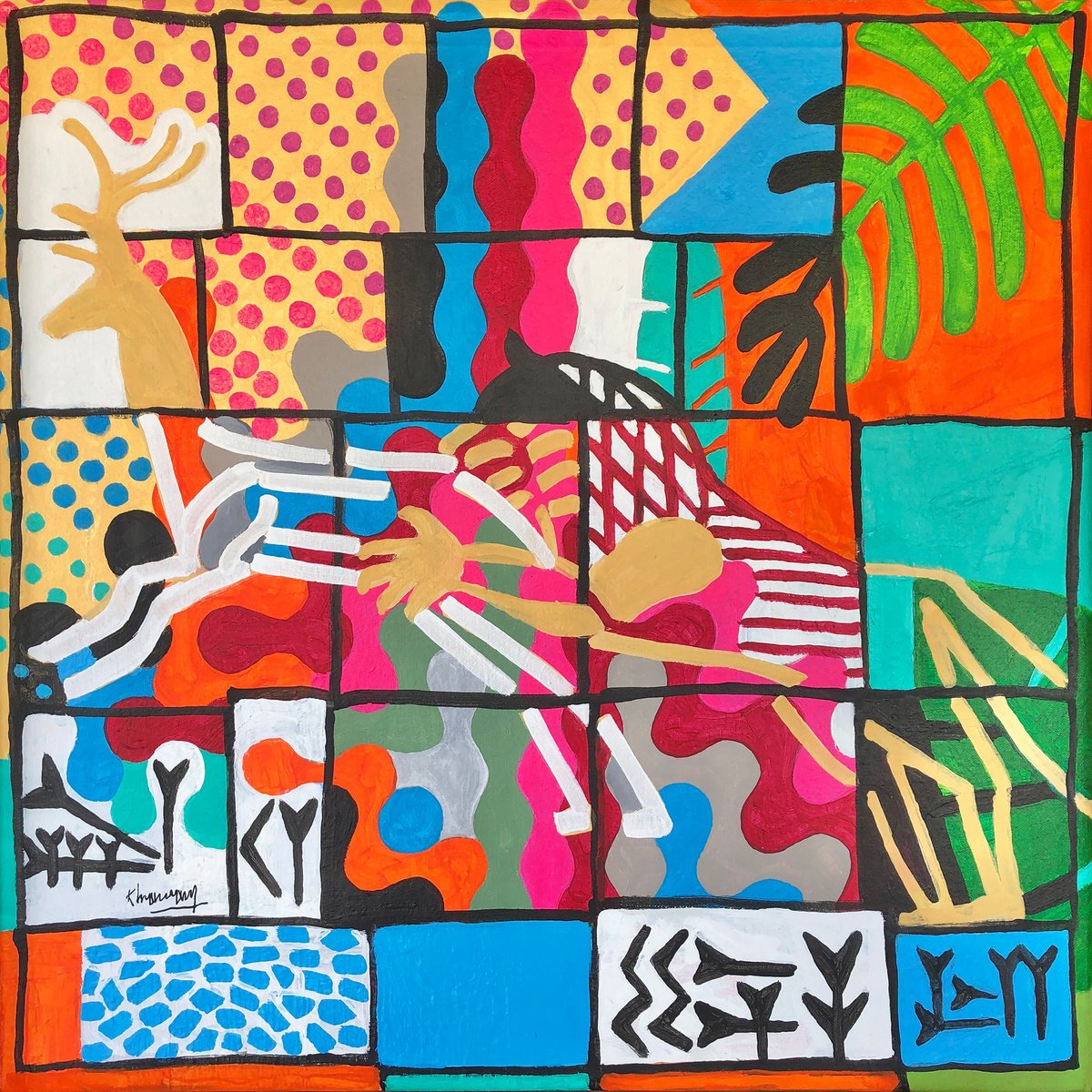 Urban And Pop Landscape Acrylic Painting By Tony Khawam, 26 X 26", Deer Hunting, Original Artwork