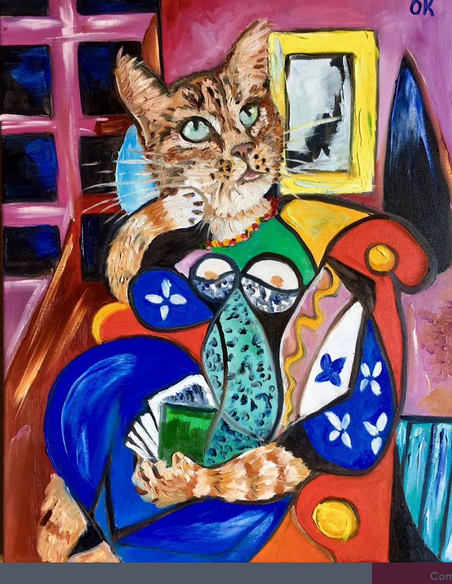 Expressive Animal Oil Painting By Olga Koval, 18 X 22", Dreaming Cat Picasso, Original Artwork