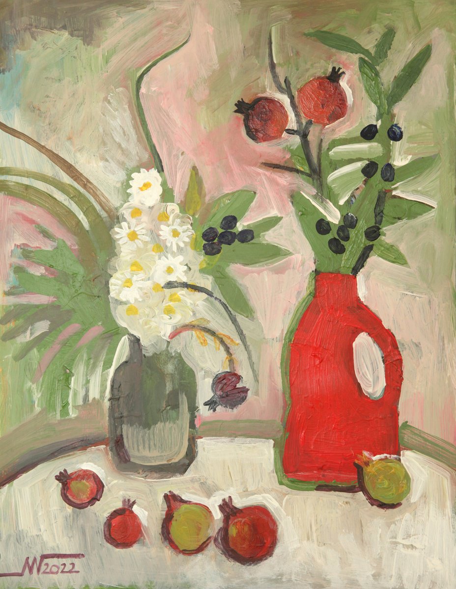 Still Life Acrylic Painting By Marina Gorkaeva, 16 X 20", Red Bottle, Original Artwork