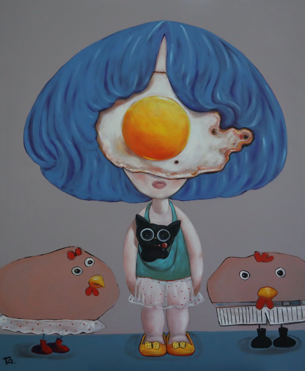 Surrealistic Portrait Oil Painting By Ta Byrne, 39 X 47", Egg Girl And Friends, Original Artwork