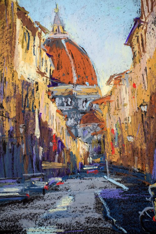 Florence in dawn. View of Duomo cathedral and colorful street. Small oil pastel drawing bright colors italy by Sasha Romm