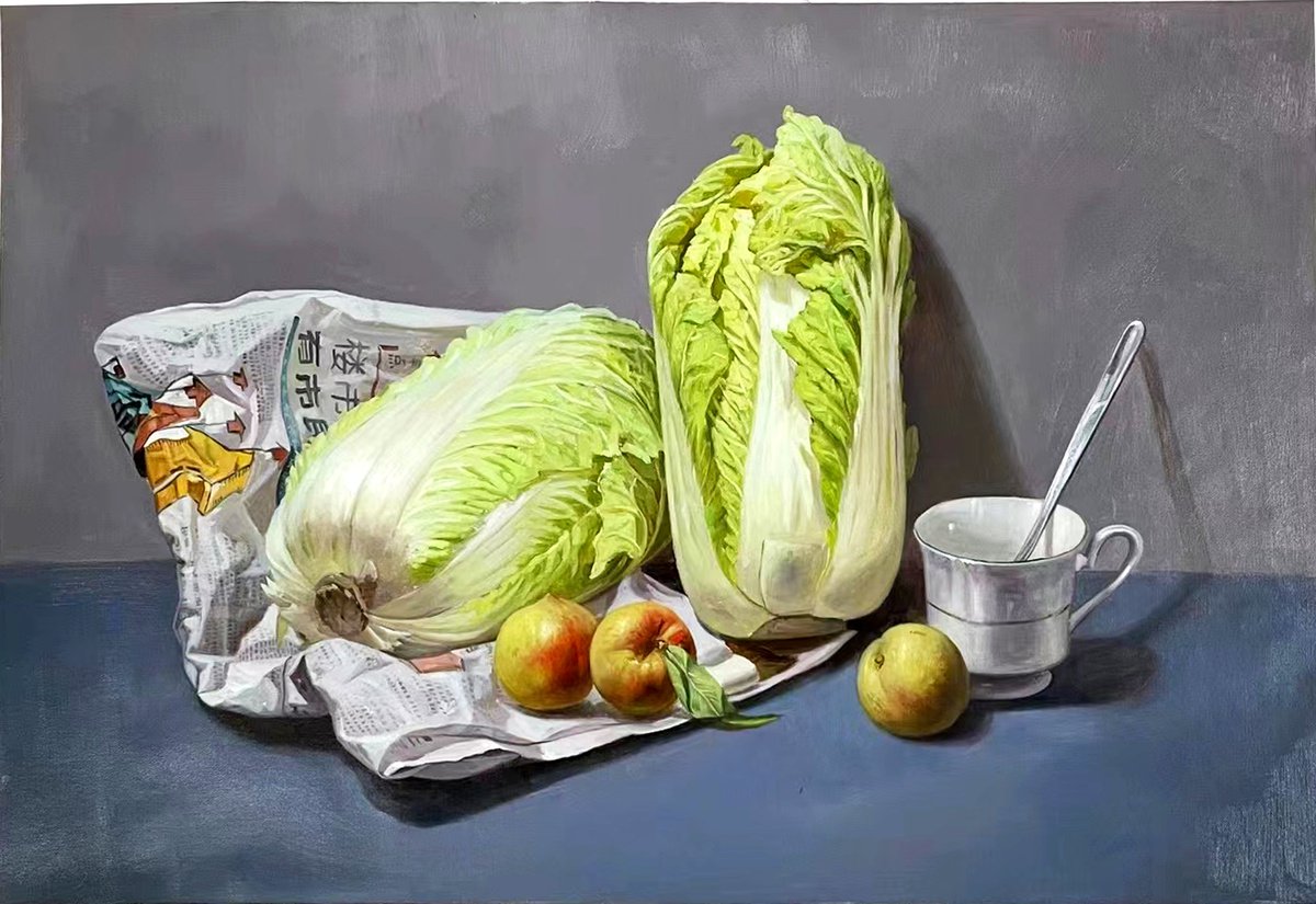 Still life:Cabbages on the newpaper by Kunlong Wang