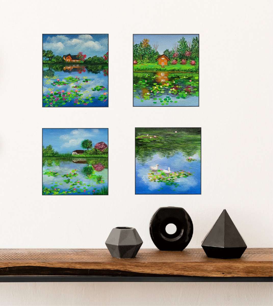 Impressionistic Landscape Acrylic Painting By Amita Dand, 6 X 6, House By The Pond, Original Artwork