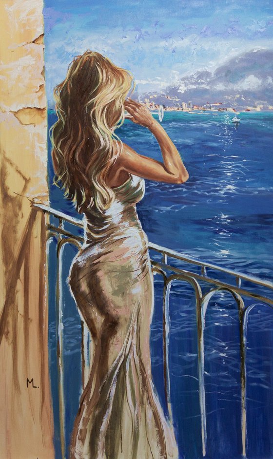 " GARDA VIEW WITH GIRL DRINKING CHAMPAGNE "