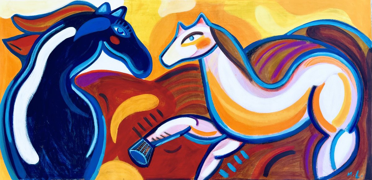 Expressive Animal Acrylic Painting By Mercedes Lagunas, 43 X 22", Horses In The Sunset, Original Artwork