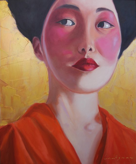 Dyptich Geisha in kimono on the gold background portrait 2